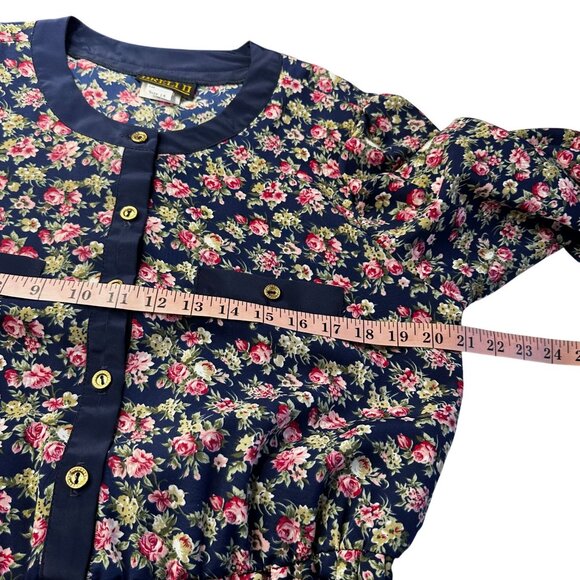 Vintage 80s Floral Belted Midi Dress Navy Pink Long Sleeve Sz 14 - Picture 9 of 11